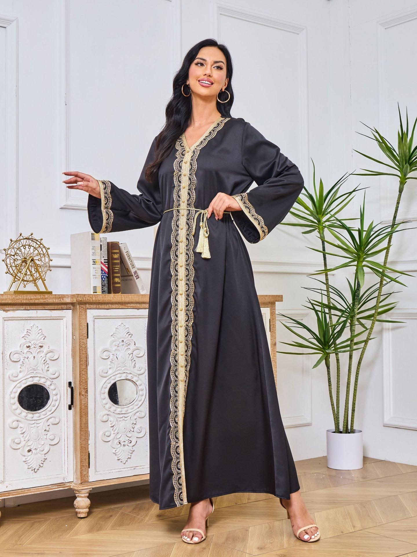 Dubai Abaya Gown Dress With Printed Hot-stone And Embroidered Detailing - Image 8