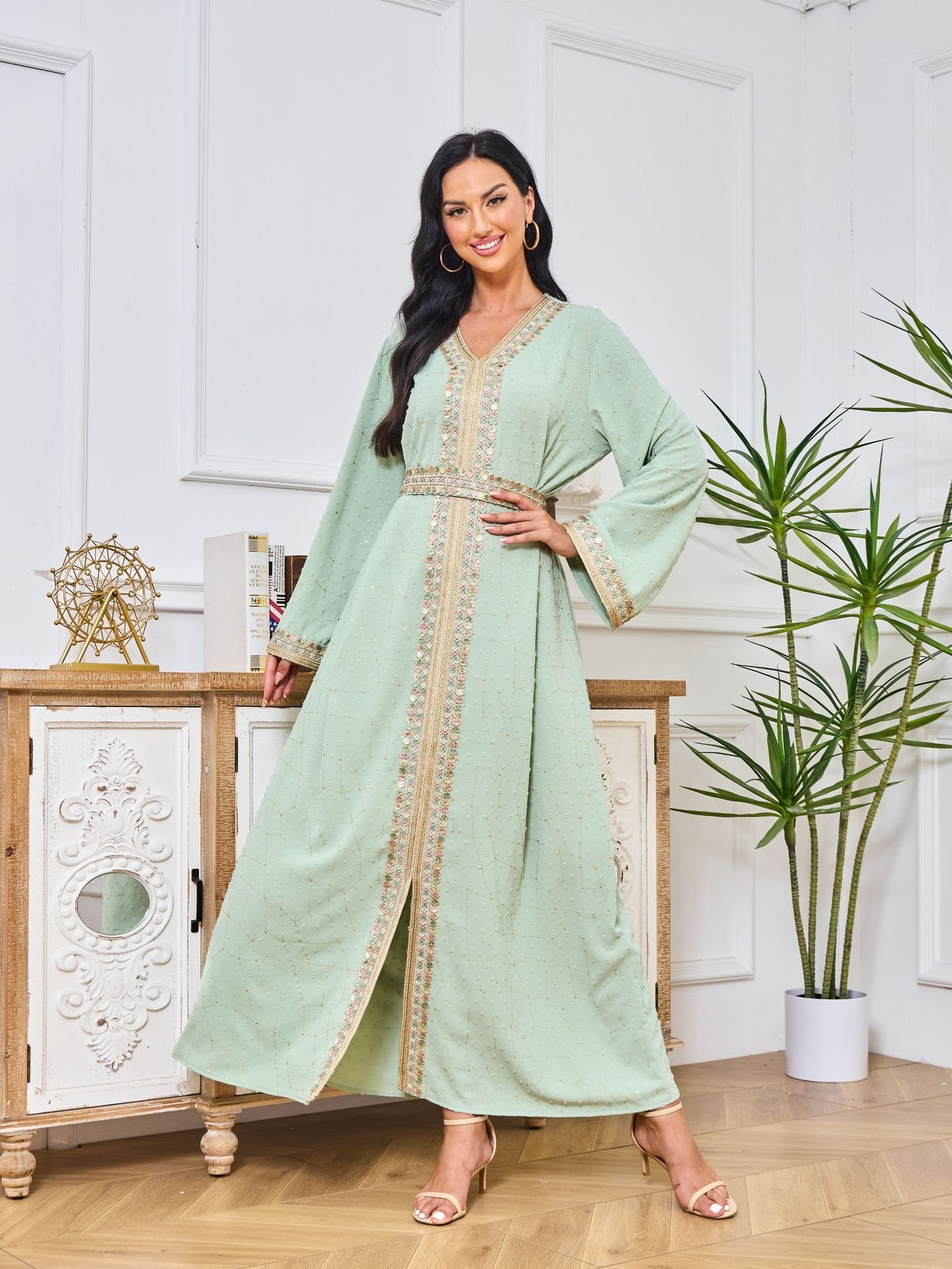 Dubai Abaya Gown Dress With Printed Hot-stone And Embroidered Detailing - Image 6